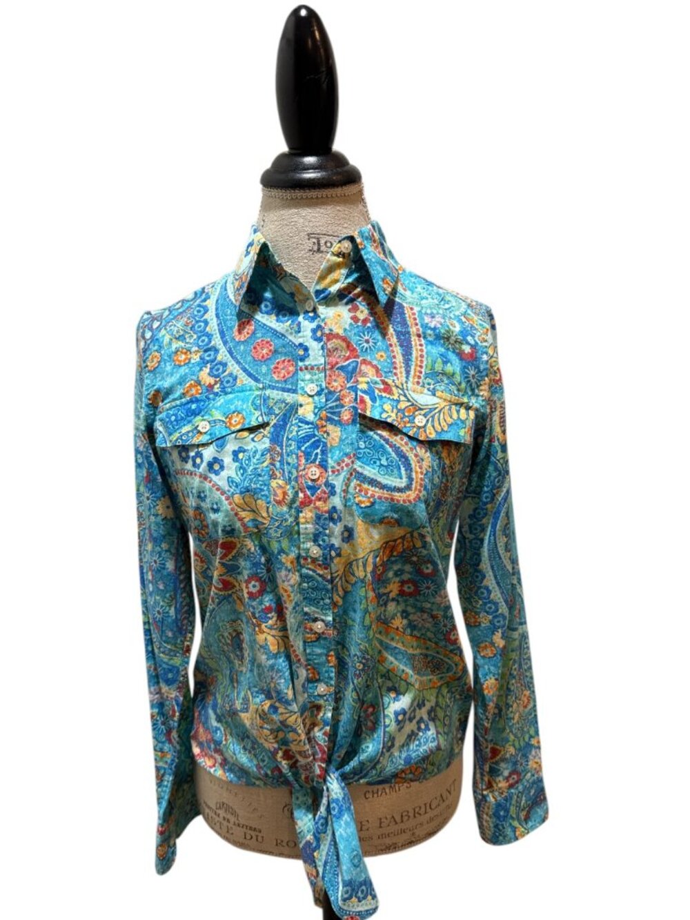 Lauren Ralph Lauren Sz S Blue & Orange Floral Paisley Tie-Front Button-Up Blouse